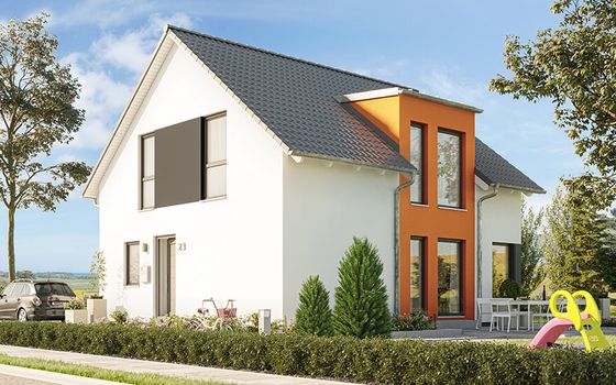 Einfamilienhaus Sunshine 136, Variante 3, von Living Haus. Ein Fertighaus mit Zwerchgiebel Pultdach mit Fassadenaufdopplung und Dachüberstand „Komfort“ 